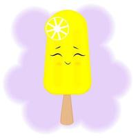 Bright yellow ice cream on a stick, kawaii character, smiling, Japanese style, print. Vector illustration