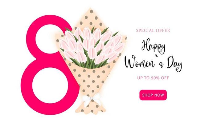 8 March holiday card with cute realistic red tulips, Women's day banner for posters, brochures, promotional material, booklet website Vector illustration