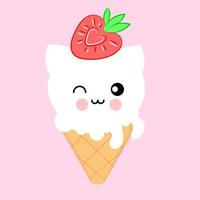 Ice cream character kawaii cat, Japanese style, treat, sweet with strawberry, sticker, textile print, t-shirt, packaging, Vector illustration