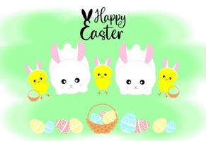 Happy easter holiday bunnies and chicks with basket and with painted egg, bunny ears, Spring holiday design with typography for greeting card, party invitation. Vector illustration