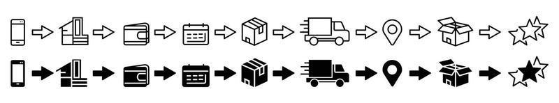 iconos de contorno establecidos sobre hacer clic y recopilar. compras en línea conceptos servicios de entrega pasos vector