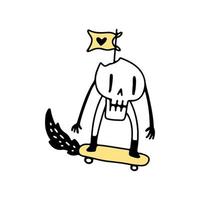 el cráneo monta una patineta con banderas de amor, ilustración para camisetas, afiches, pegatinas o prendas de vestir. con estilo de dibujos animados. vector