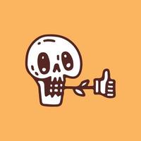 Skull head biting thumb up symbol, illustration for t-shirt, sticker, or apparel merchandise. With retro cartoon style. vector