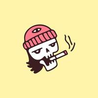 cabeza de calavera exagerada con sombrero de beanie fumando cigarrillos, ilustración para camisetas, pegatinas o prendas de vestir. con estilo de dibujos animados retro. vector