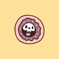 donut y cabeza de esqueleto, ilustración para camisetas, pegatinas o prendas de vestir. con estilo de dibujos animados retro. vector