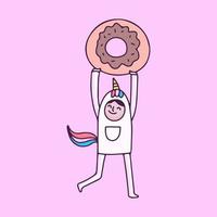 chico lindo con disfraz de unicornio con donut. ilustración para camisetas, afiches, logotipos, pegatinas o prendas de vestir. vector