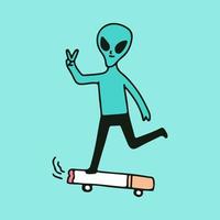 personaje alienígena con la mano de la paz y montar una patineta de cigarrillos, ilustración para camisetas, pegatinas o prendas de vestir. con estilo de dibujos animados retro. vector