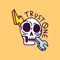 Skull head with thunder lightning and wrench, illustration for t-shirt, sticker, or apparel merchandise. With retro cartoon style. vector