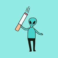 personaje alienígena con cigarrillo, ilustración para camisetas, pegatinas o prendas de vestir. con estilo de dibujos animados retro. vector