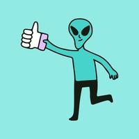 Alien character holding thumb up sign, illustration for t-shirt, sticker, or apparel merchandise. With retro cartoon style. vector