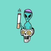 personaje alienígena con sombrero de beanie sosteniendo un cigarrillo y relájese en la cabeza del cráneo, ilustración para camisetas, pegatinas o prendas de vestir. con estilo de dibujos animados retro. vector