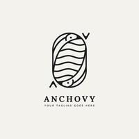 diseño de logotipo de insignia de arte de línea minimalista de pescado de anchoa vector