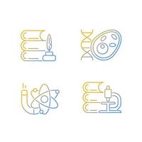 Diversity of subjects in school gradient linear vector icons set. Humanities and applied sciences. Science lesson. Thin line contour symbols bundle. Isolated outline illustrations collection