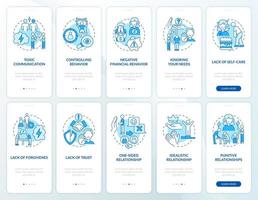 Abusive relationships onboarding mobile app page screen. Unhealthy communication walkthrough 5 steps graphic instructions with concepts. UI, UX, GUI vector template with linear color illustrations