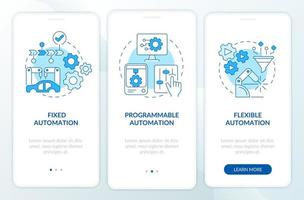 Automation types blue onboarding mobile app screen. Program and software walkthrough 3 steps graphic instructions pages with linear concepts. UI, UX, GUI template. Myriad Pro-Bold, Regular fonts used vector