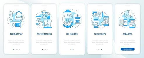 Examples of daily automation blue onboarding mobile app screen. Walkthrough 5 steps graphic instructions pages with linear concepts. UI, UX, GUI template. Myriad Pro-Bold, Regular fonts used vector