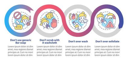 el cuidado de la piel no hace bucle en la plantilla infográfica. evitar daños en la piel. visualización de datos con 4 pasos. gráfico de información de la línea de tiempo del proceso. diseño de flujo de trabajo con iconos de línea. innumerables fuentes pro-negrita y regulares utilizadas vector
