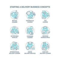 Starting delivery business turquoise concept icons set. Shipping service idea thin line color illustrations. Isolated outline drawings. Editable stroke. Roboto-Medium, Myriad Pro-Bold fonts used vector