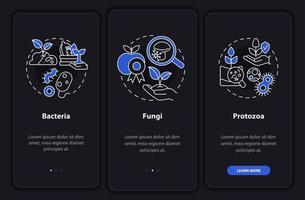 Microorganisms in agriculture night mode onboarding mobile app screen. Walkthrough 3 steps graphic instructions pages with linear concepts. UI, UX, GUI template. Myriad Pro-Bold, Regular fonts used vector
