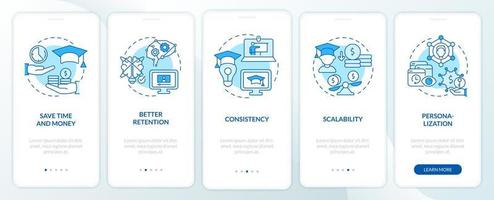 Advantages of elearning blue onboarding mobile app screen. Walkthrough 5 steps graphic instructions pages with linear concepts. UI, UX, GUI template. Myriad Pro-Bold, Regular fonts used vector