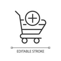 Shopping cart pixel perfect linear icon. Selected items in basket. Website interface. Online shopping. Thin line illustration. Contour symbol. Vector outline drawing. Editable stroke. Arial font used