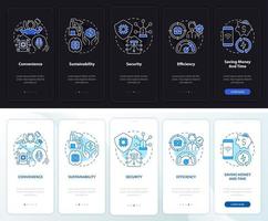 Smart technologies pros night and day mode onboarding mobile app screen. Walkthrough 5 steps graphic instructions pages with linear concepts. UI, UX, GUI template. Myriad Pro-Bold, Regular fonts used vector