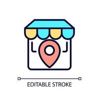 Store location pixel perfect RGB color icon. Physical shop position. Website information. Market address. Isolated vector illustration. Simple filled line drawing. Editable stroke. Arial font used