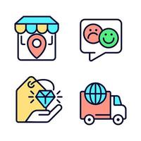 Shopping pixel perfect RGB color icons set. Worldwide delivery service. Store location. Electronic commerce. Isolated vector illustrations. Simple filled line drawings collection. Editable stroke