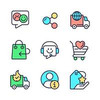 Online shopping assistance pixel perfect RGB color icons set. Customer and client service. Help desk. Isolated vector illustrations. Simple filled line drawings collection. Editable stroke