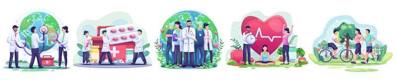 conjunto de concepto del día mundial de la salud con un grupo de médicos y enfermeras, personas que viven sanas, jogging en pareja, ciclismo, yoga, ilustración vectorial vector