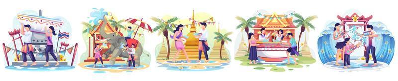 Set of People celebrates the Songkran festival Thailand Traditional New Year's Day. Vector Illustration