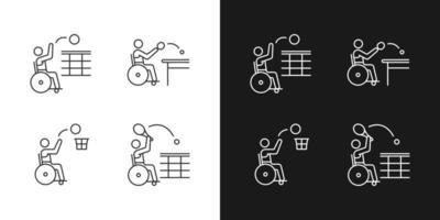 Adaptive wheelchair sports linear icons set for dark and light mode. Competitive events. Disabled athlete. Customizable thin line symbols. Isolated vector outline illustrations. Editable stroke