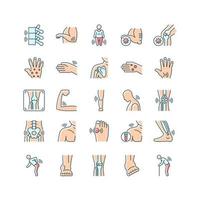 Joints pain RGB color icons set. Rheumatic diseases. Arthritis development. Muscles inflammation. Musculoskeletal conditions. Isolated vector illustrations. Simple filled line drawings collection