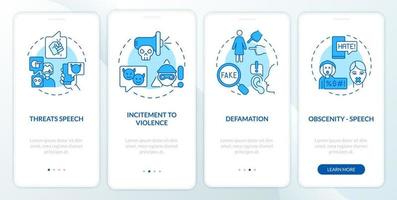 Unprotected speech types onboarding mobile app page screen. Incitement to violence walkthrough 4 steps graphic instructions with concepts. UI, UX, GUI vector template with linear color illustrations