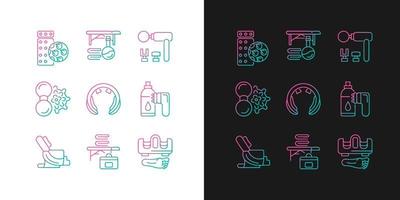 Electric massagers gradient icons set for dark and light mode. Acupressure pad. Massage table. Thin line contour symbols bundle. Isolated vector outline illustrations collection on black and white