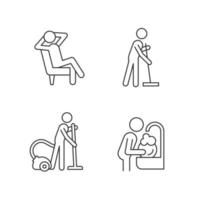Household chores linear icons set. Commonplace day-to-day human life. Cleaning procedures. Customizable thin line contour symbols. Isolated vector outline illustrations. Editable stroke
