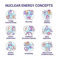 conjunto de iconos de concepto de energía nuclear. ideas innovadoras de tecnología nuclear ilustraciones en color de línea delgada. la producción de electricidad. medicina avanzada. dibujos de contorno aislados vectoriales. trazo editable vector