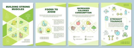 Building strong muscles tips green brochure template. Booklet print design with linear icons. Vector layouts for presentation, annual reports, ads. Arial-Black, Myriad Pro-Regular fonts used