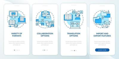 Elearning platforms features blue onboarding mobile app screen. Walkthrough 4 steps graphic instructions pages with linear concepts. UI, UX, GUI template. Myriad Pro-Bold, Regular fonts used vector