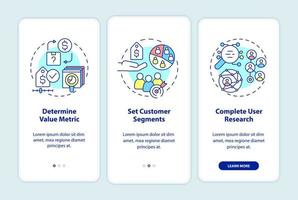 How to create pricing strategy onboarding mobile app screen. Value metric walkthrough 3 steps graphic instructions pages with linear concepts. UI, UX, GUI template. Myriad Pro-Bold, Regular fonts used vector