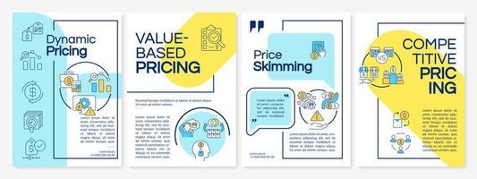 Pricing strategy types blue and yellow brochure template. Booklet print design with linear icons. Vector layouts for presentation, annual reports, ads. Questrial, Lato-Regular fonts used