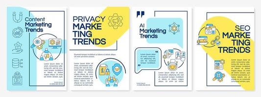 Current marketing trends blue and yellow brochure template. Leaflet design with linear icons. 4 vector layouts for presentation, annual reports. Questrial-Regular, Lato-Regular fonts used