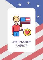 With love from America greeting card with color icon element. National flag. Postcard vector design. Decorative flyer with creative illustration. Notecard with congratulatory message