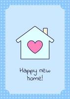 Happy new home greeting card with color icon element. Celebrating relocation. Postcard vector design. Decorative flyer with creative illustration. Notecard with congratulatory message on blue