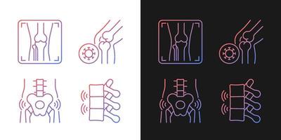 Extreme aching in bones gradient icons set for dark and light mode. Arthritis x ray. Rheumatism. Thin line contour symbols bundle. Isolated vector outline illustrations collection on black and white