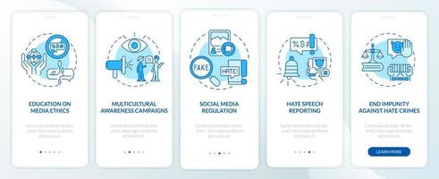 Dealing with hate speech onboarding mobile app page screen. Media ethics walkthrough 5 steps graphic instructions with concepts. UI, UX, GUI vector template with linear color illustrations