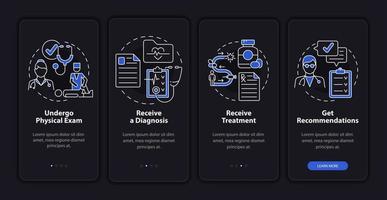 PT process dark onboarding mobile app page screen. Health care. Physical therapy walkthrough 4 steps graphic instructions with concepts. UI, UX, GUI vector template with night mode illustrations