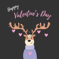 Valentine's Day Greeting Card, a Deer With Horns And Hearts. Flat Vector Illustration.