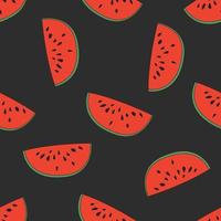 Seamless Pattern With Watermelon Slices On a Black Background, Flat Vector Illustration.