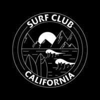 Hand-Drawn Badge With Surfboards, Ocean, Mountains and an Inscription in a Circle. For Tshirt Prints, Posters and Other Uses. Lineart vector